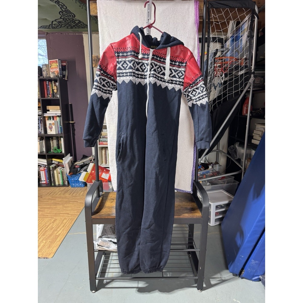 Kids Fleece Hooded One Piece Pajama Jumpsuit Nordic Fair Isle‎ Print Blue Red